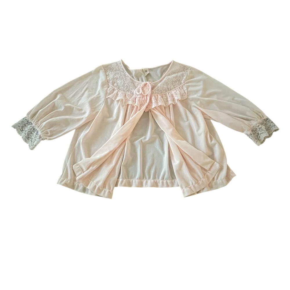 Vintage Val Mode Pink Nylon Lace Trim Bed Jacket Ruffle Babydoll Small RN 16985